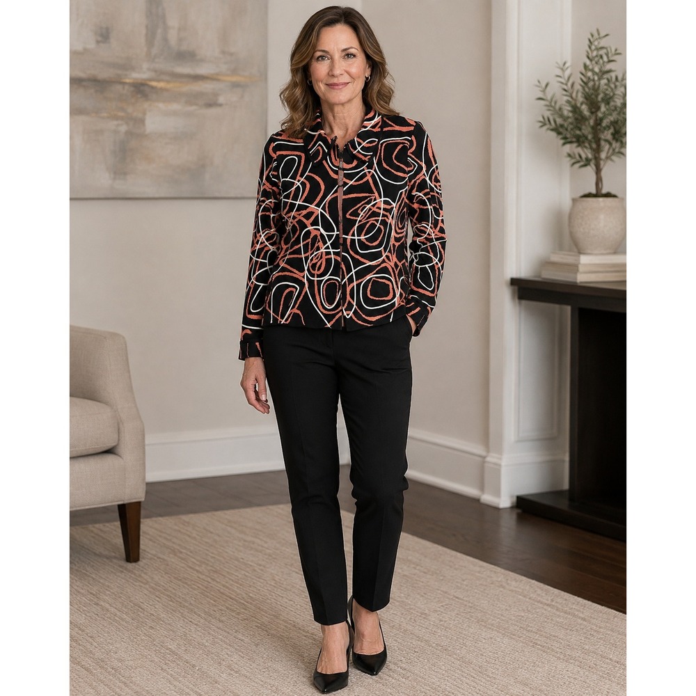 Ming Wang Cardigan Jacket Black Coral White Abstract Swirl Full Zip Knit XL